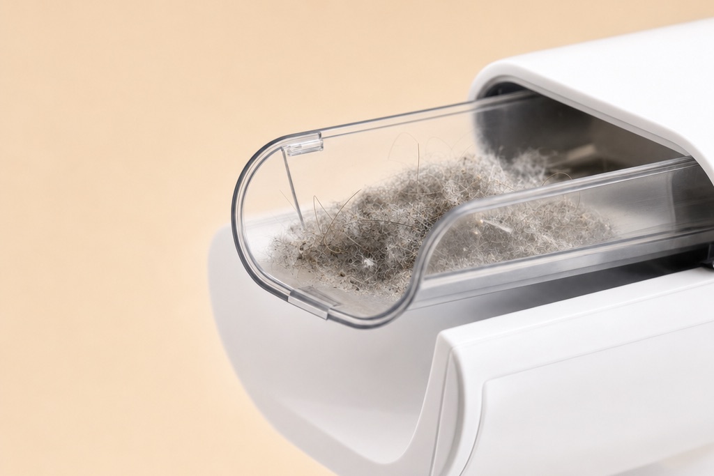 Real-use suction demo — shirt on a hanger with the steamer gripping the fabric flat, no second hand in frame